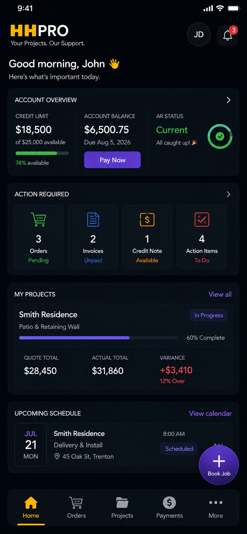 HHPro contractor project and account dashboard